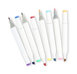 Photo of Many double-sided marker pens on white background, top view