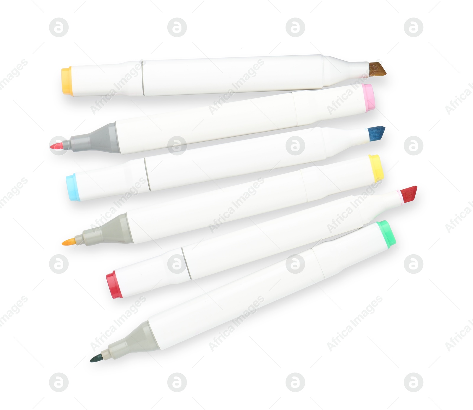 Many double-sided marker pens on white background, top view Photo of Many double-sided marker pens on white background, top view