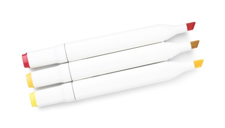 Photo of Double-sided marker pens on white background, top view