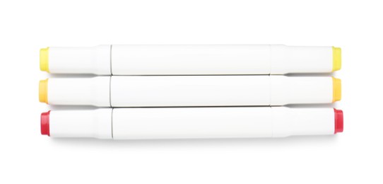 Photo of Double-sided marker pens on white background, top view