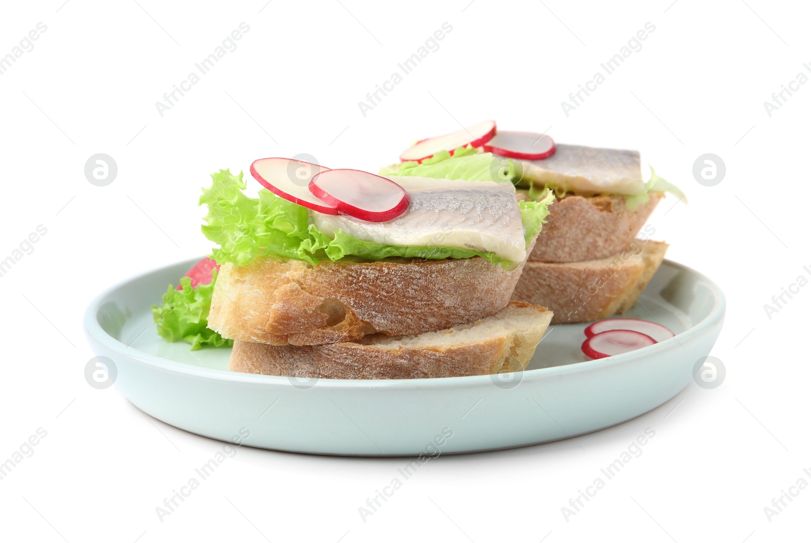 Photo of Tasty sandwiches with herring, radish and lettuce on white background