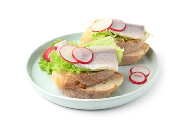 Tasty sandwiches with herring, radish and lettuce on white background