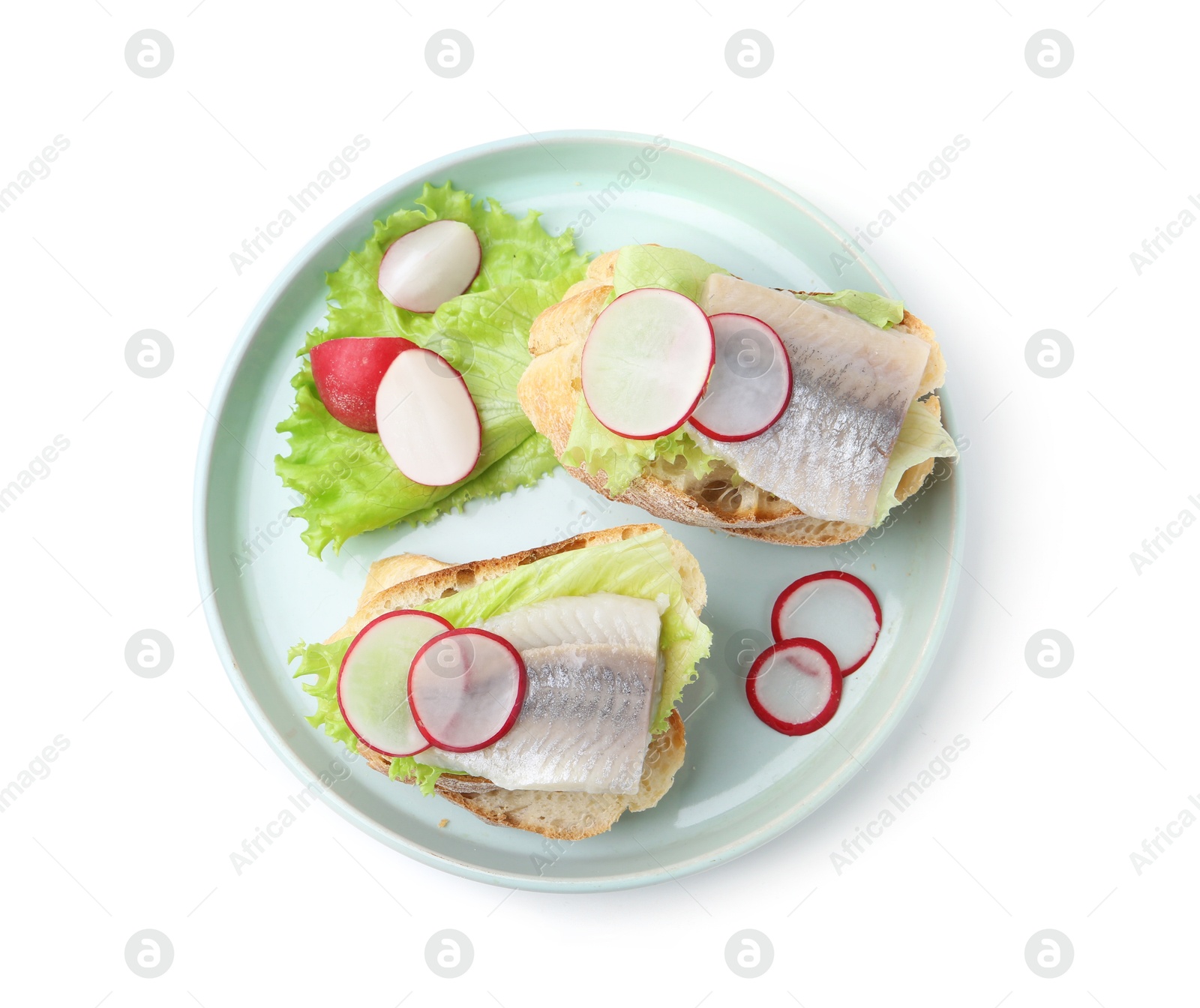 Photo of Tasty sandwiches with herring, radish and lettuce on white background, top view