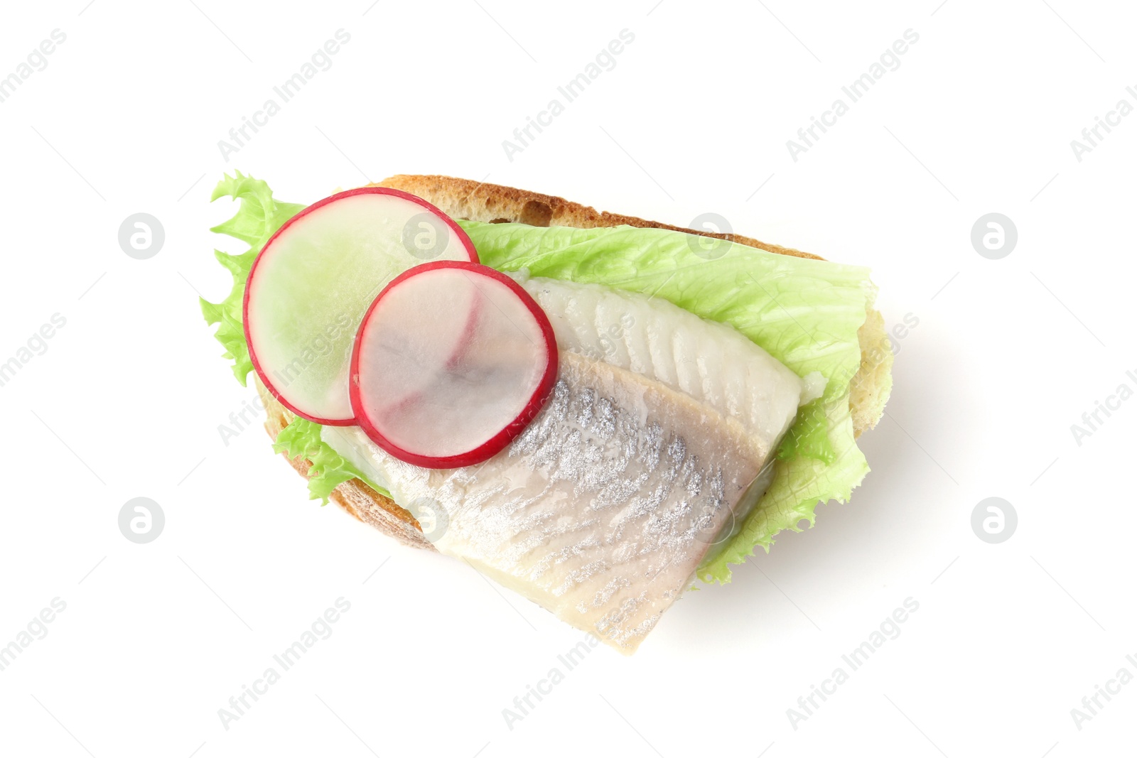 Photo of Tasty sandwich with herring, radish and lettuce on white background, top view