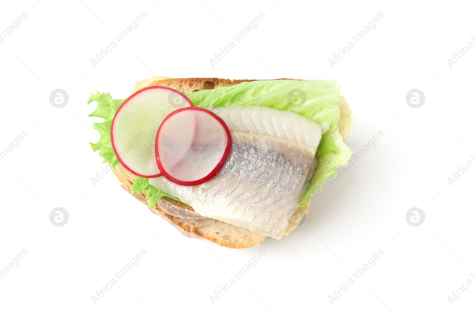 Photo of Tasty sandwich with herring, radish and lettuce on white background, top view