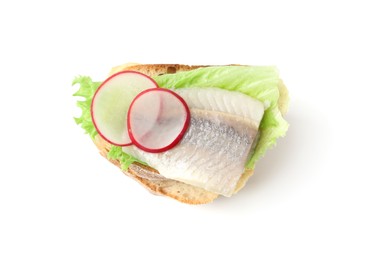 Tasty sandwich with herring, radish and lettuce on white background, top view