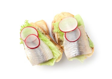 Photo of Tasty sandwiches with herring, radish and lettuce on white background, top view