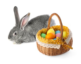 Image of Cute fluffy rabbit and colorful Easter eggs isolated on white