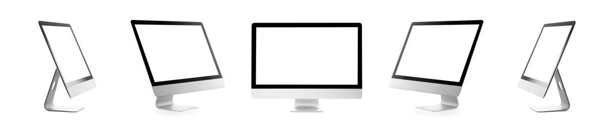 Image of Computer monitor with blank screens isolated on white, collage