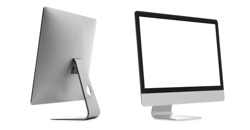 Image of Modern computer monitor isolated on white, collage