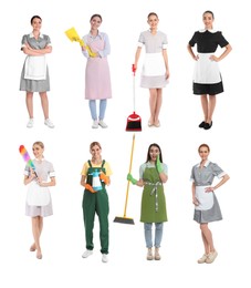 Cleaning service workers with supplies on white background, set