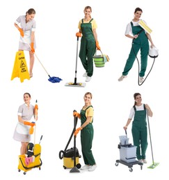 Cleaning service workers with supplies on white background, set