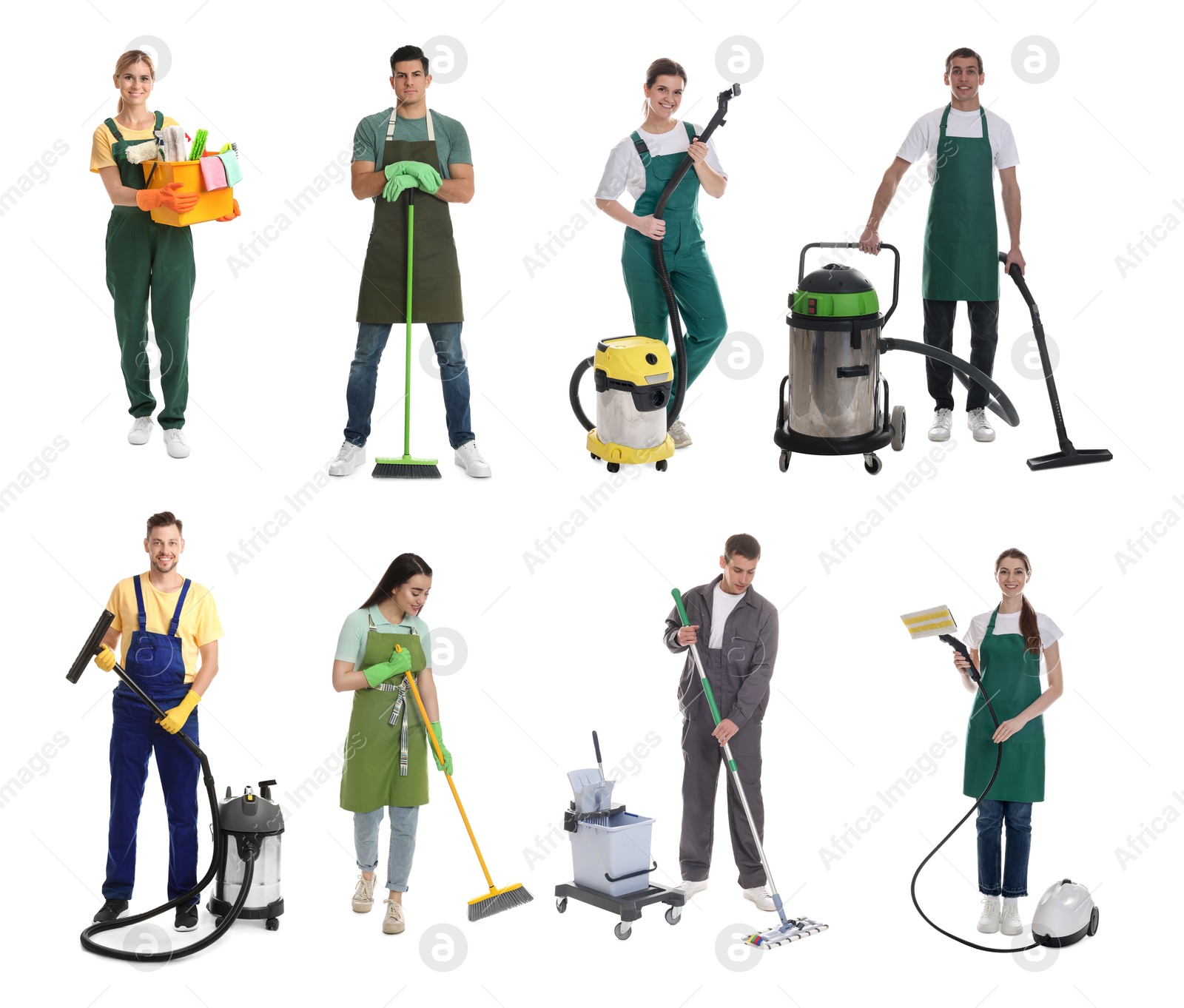 Image of Cleaning service workers with supplies on white background, set