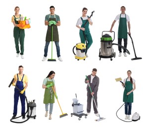 Image of Cleaning service workers with supplies on white background, set