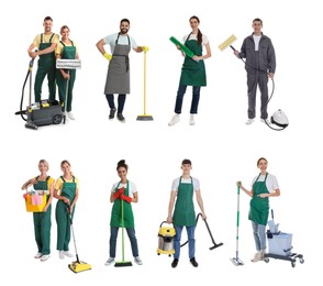 Image of Cleaning service workers with supplies on white background, set