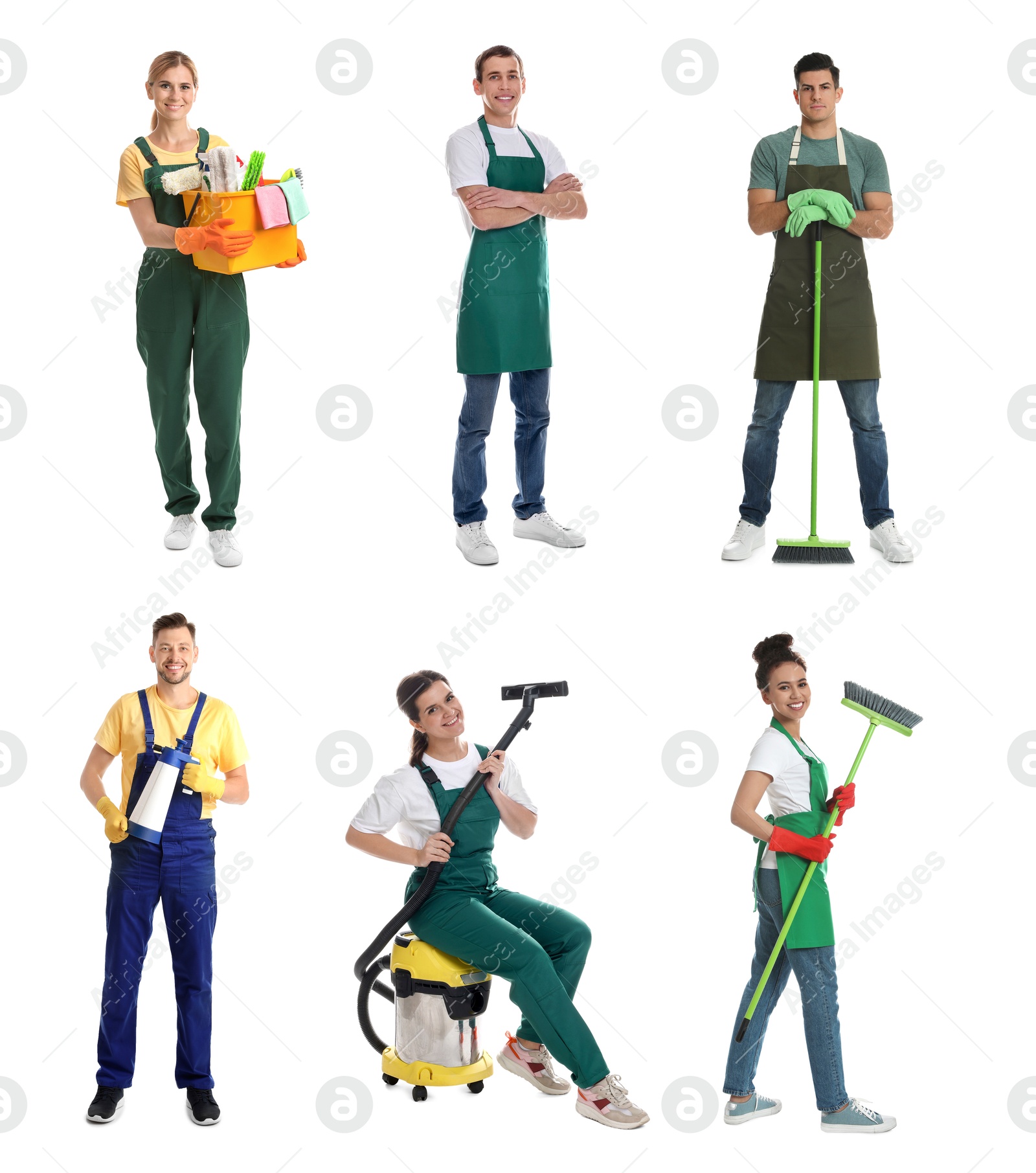 Image of Cleaning service workers with supplies on white background, set