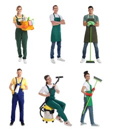 Image of Cleaning service workers with supplies on white background, set