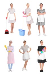 Cleaning service workers with supplies on white background, set