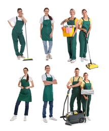 Cleaning service workers with supplies on white background, set