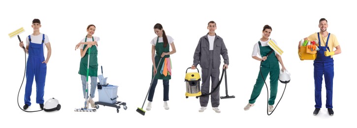 Cleaning service workers with supplies on white background, set