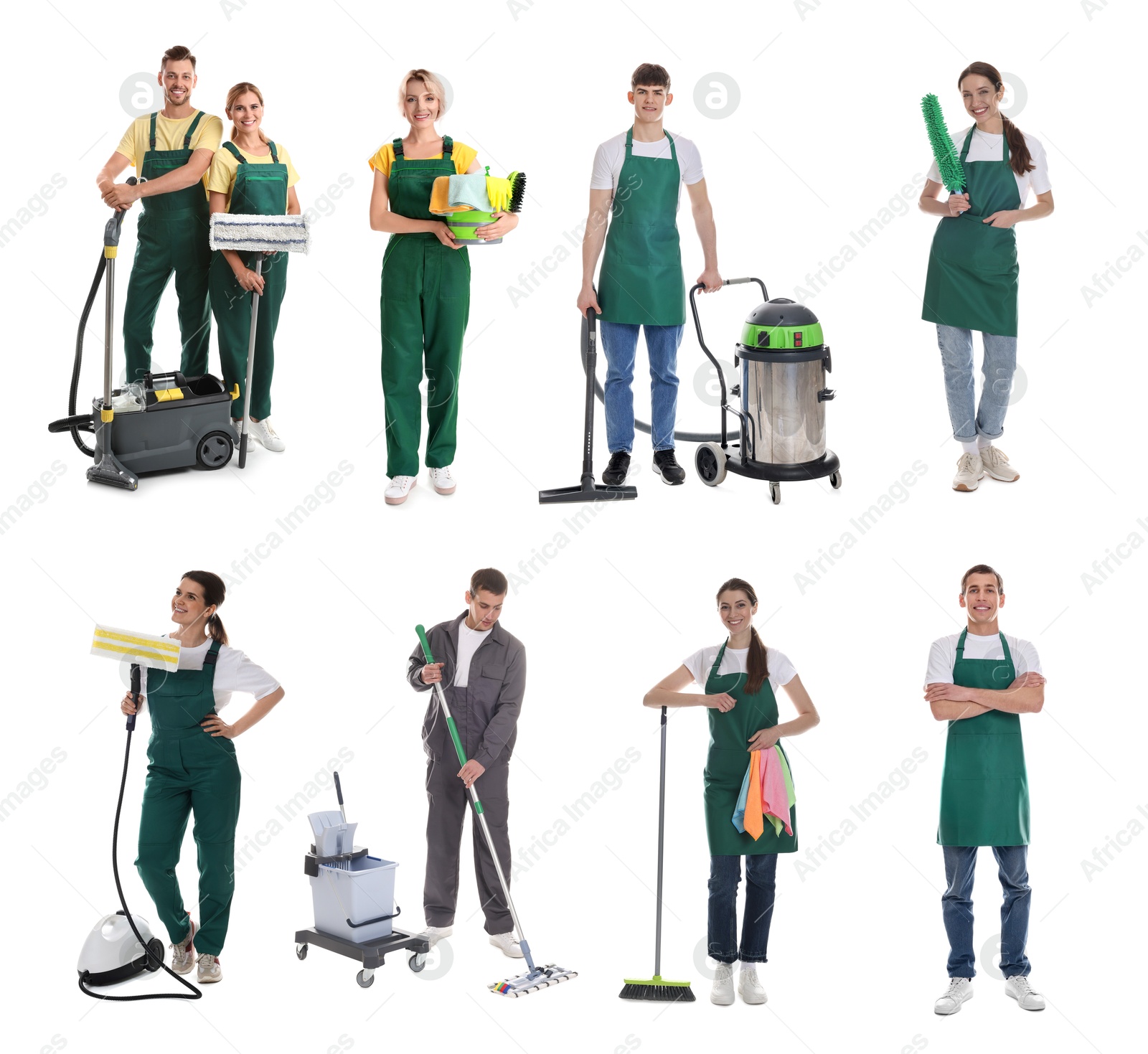 Image of Cleaning service workers with supplies on white background, set