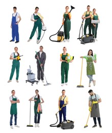 Cleaning service workers with supplies on white background, set