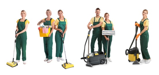 Image of Cleaning service workers with supplies on white background, set