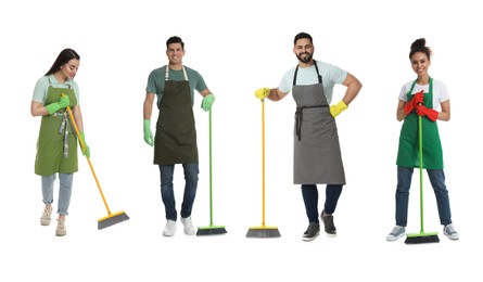 Cleaning service workers with supplies on white background, set