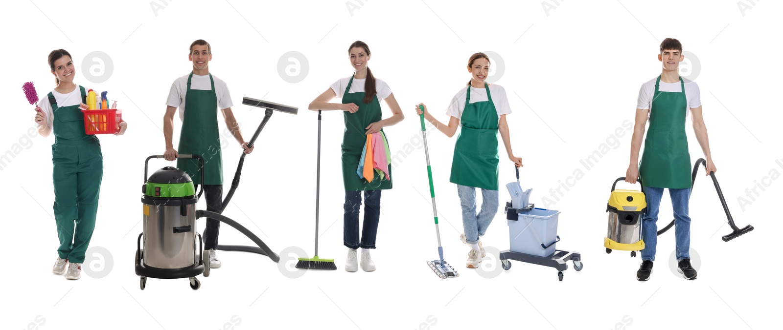 Image of Cleaning service workers with supplies on white background, set