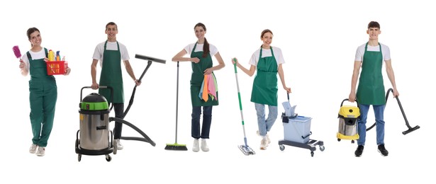 Cleaning service workers with supplies on white background, set