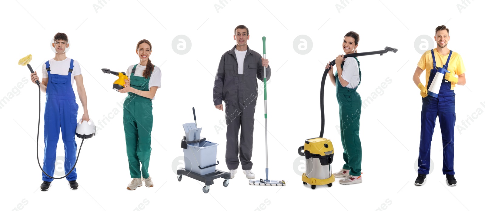 Image of Cleaning service workers with supplies on white background, set