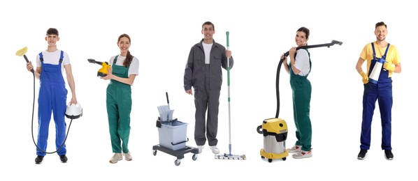 Image of Cleaning service workers with supplies on white background, set