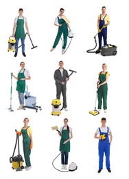 Image of Cleaning service workers with supplies on white background, set