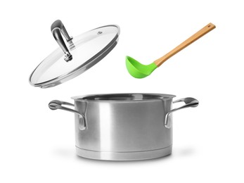 Image of Ladle and lid in air over saucepan on white background