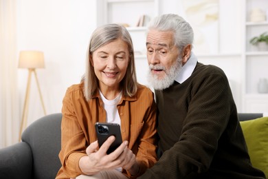 Cute elderly couple with smartphone on sofa at home