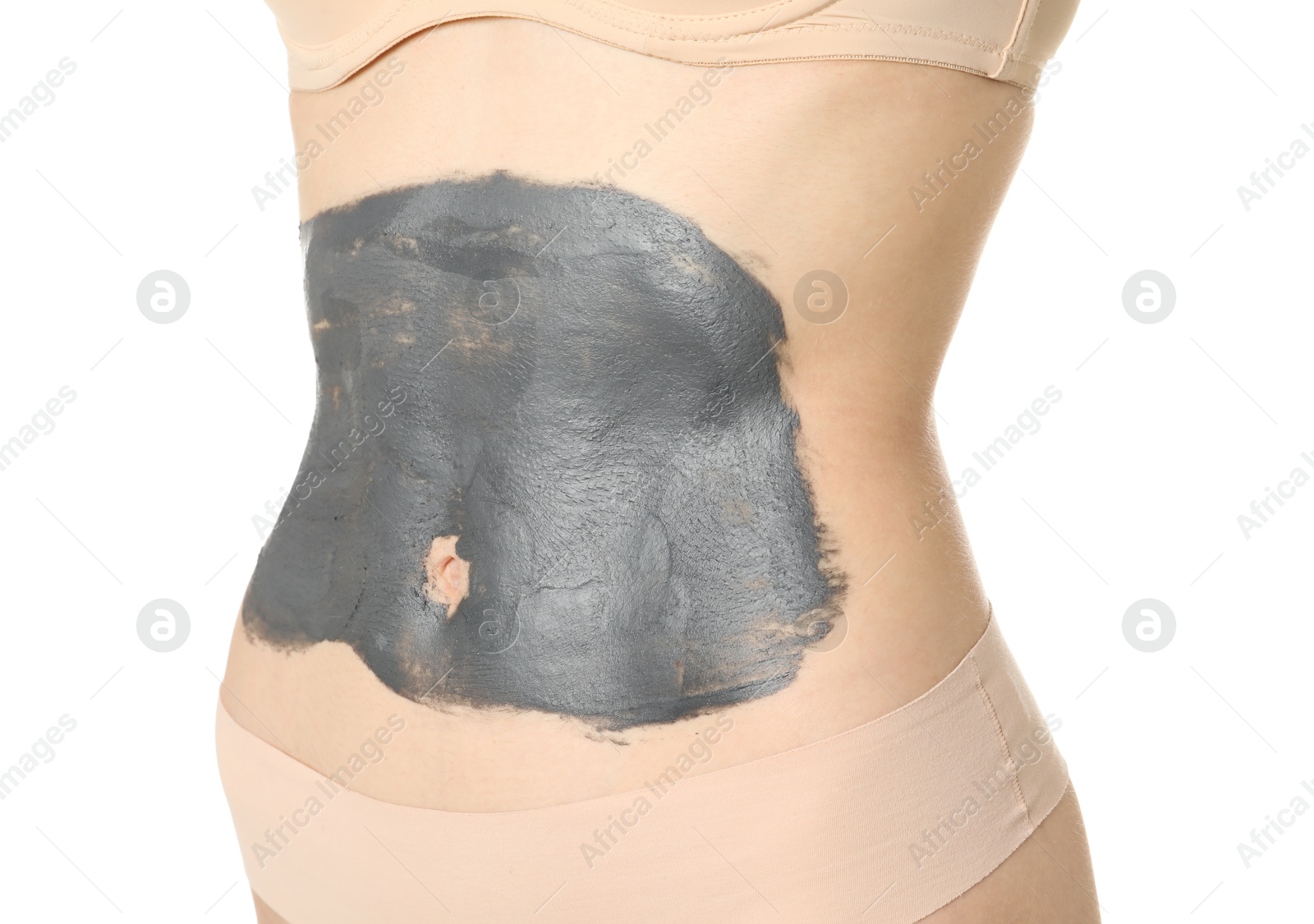 Photo of Woman doing spa body wraps on her belly against white background, closeup