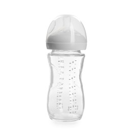 One empty feeding bottle isolated on white