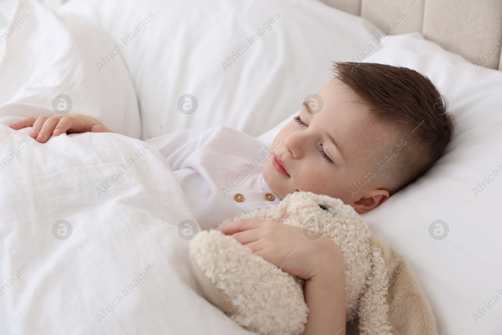 Photo of Bedtime. Cute boy sleeping with toy sheep in bed