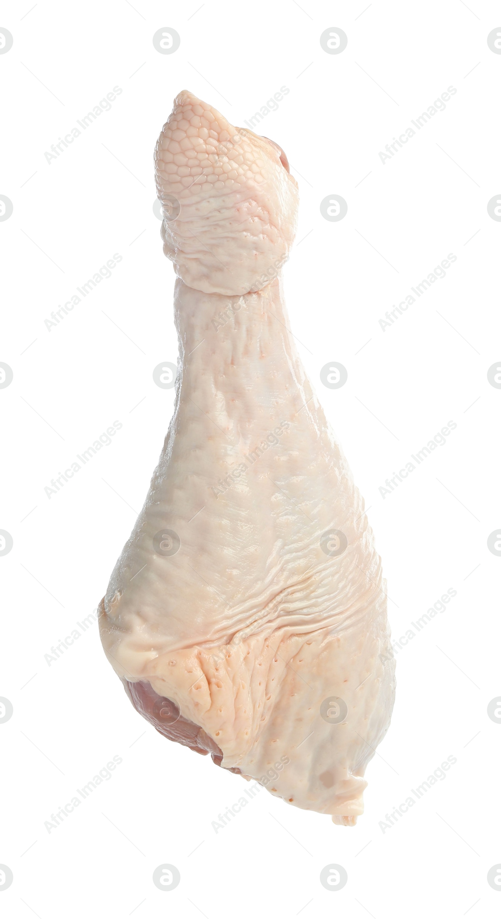 Photo of One raw turkey drumstick in air isolated on white