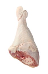 Photo of One raw turkey drumstick in air isolated on white