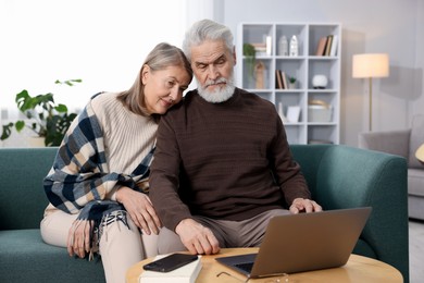 Photo of Cute elderly couple looking at laptop on sofa at home