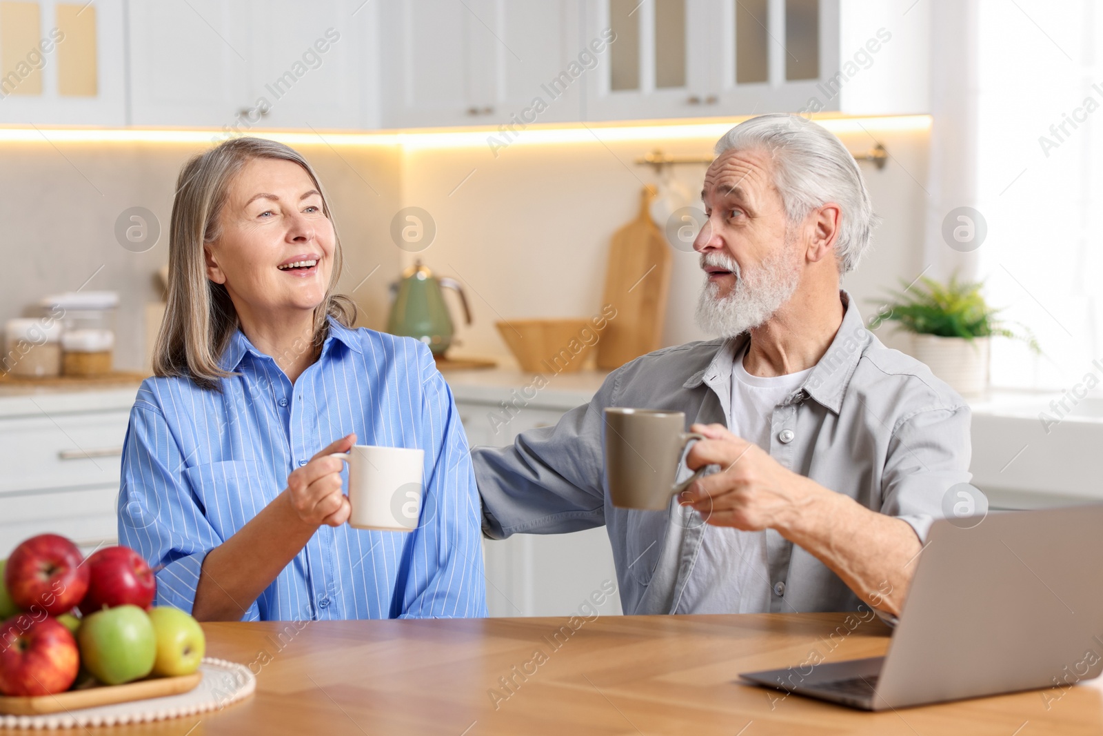 Photo of Cute elderly couple laughing at table in kitchen