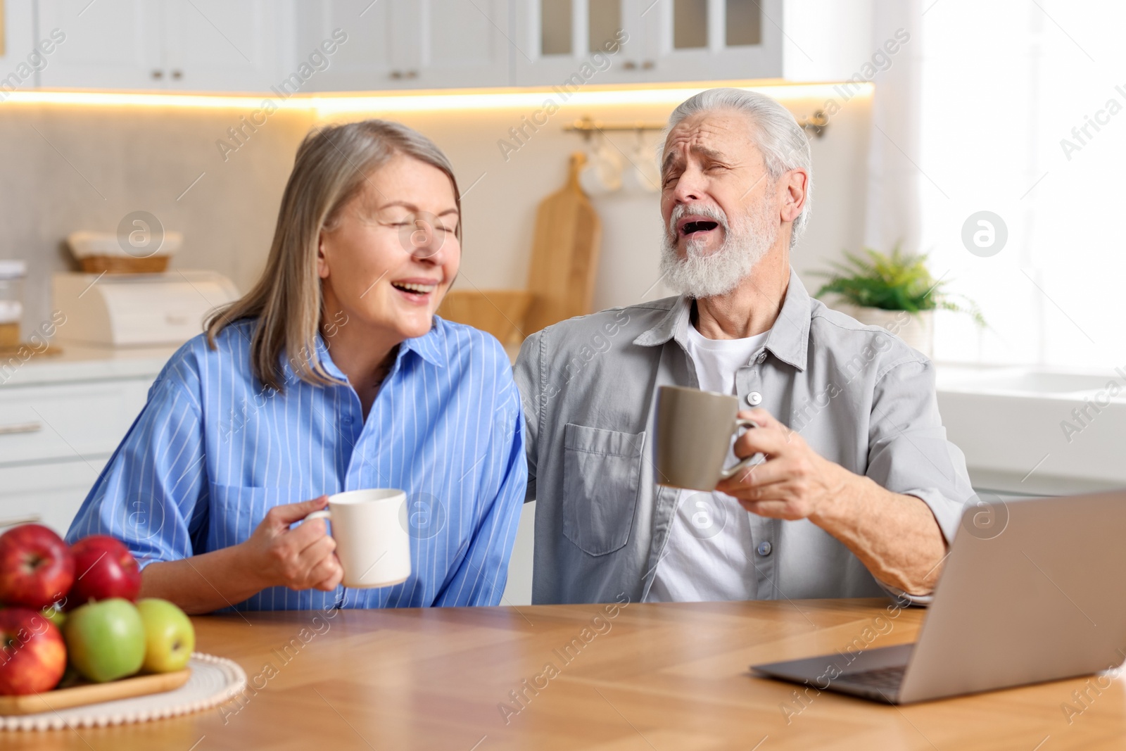 Photo of Cute elderly couple laughing at table in kitchen