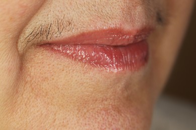 Photo of Hirsutism concept. Senior woman with mustache, closeup