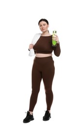 Photo of Plus size woman in gym clothes with towel and water bottle on white background