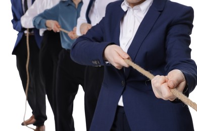 Competition concept. Businesspeople pulling rope on white background, closeup