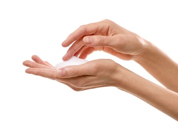 Photo of Woman washing hands with foaming soap on white background, closeup. Hygiene