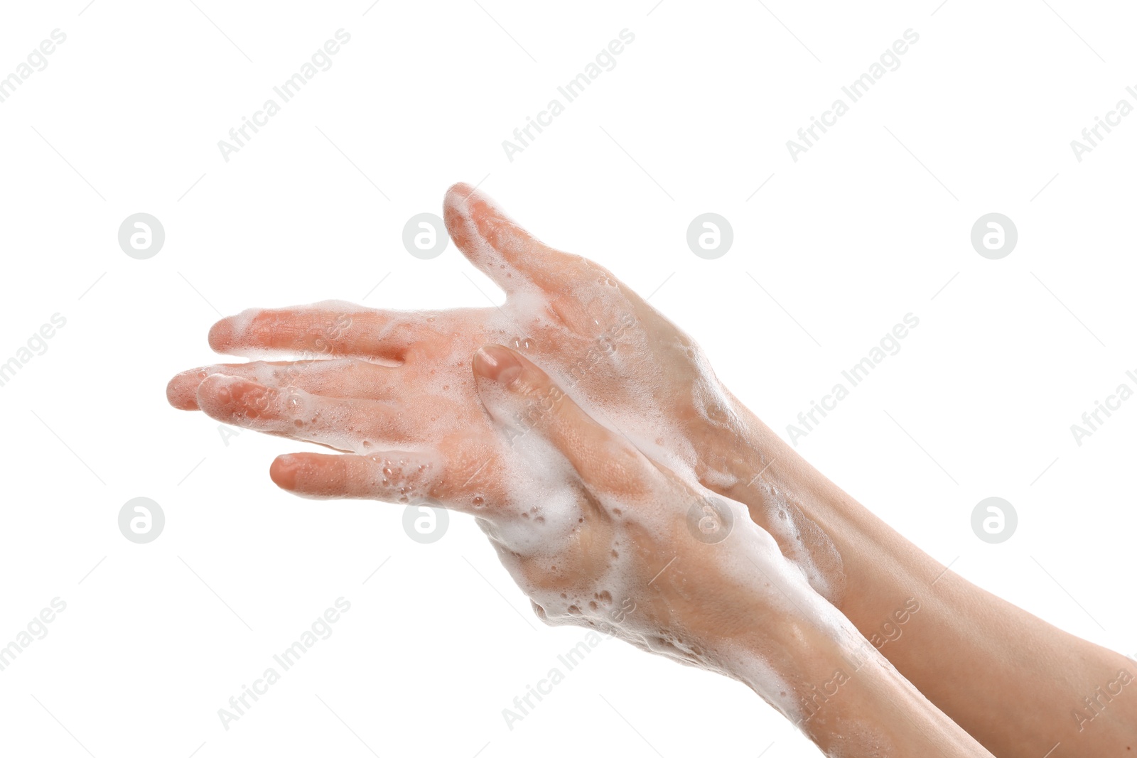 Photo of Woman washing hands with foaming soap on white background, closeup. Hygiene