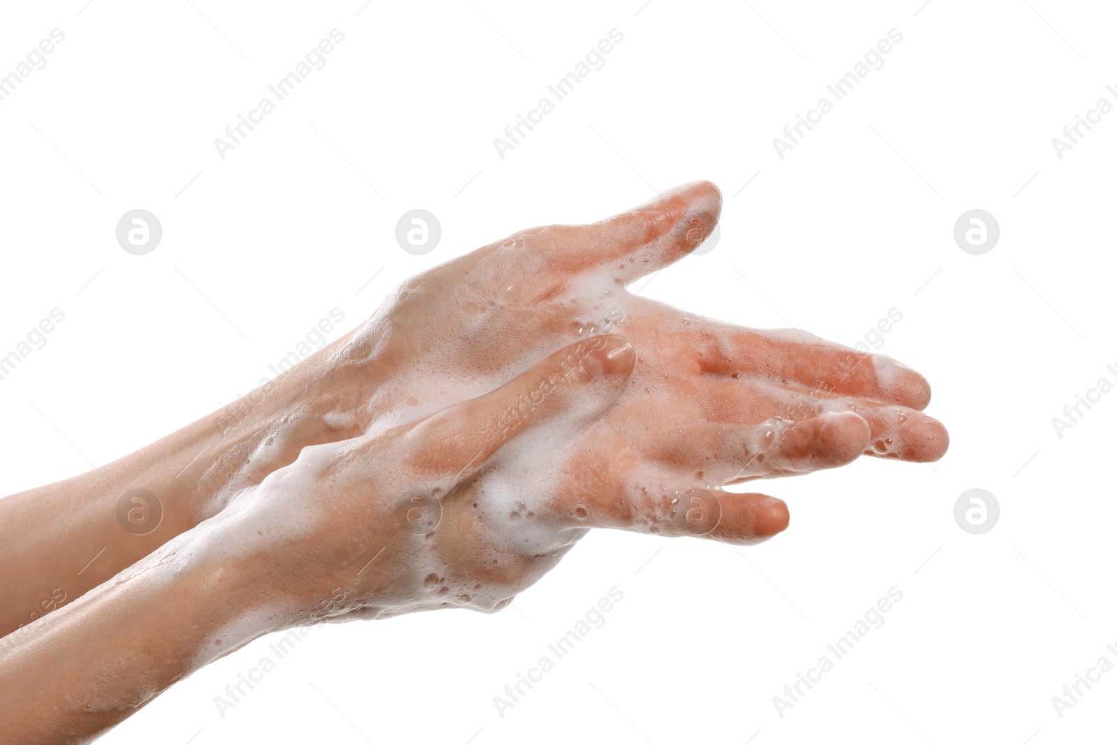 Photo of Woman washing hands with foaming soap on white background, closeup. Hygiene