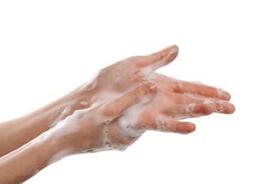 Photo of Woman washing hands with foaming soap on white background, closeup. Hygiene